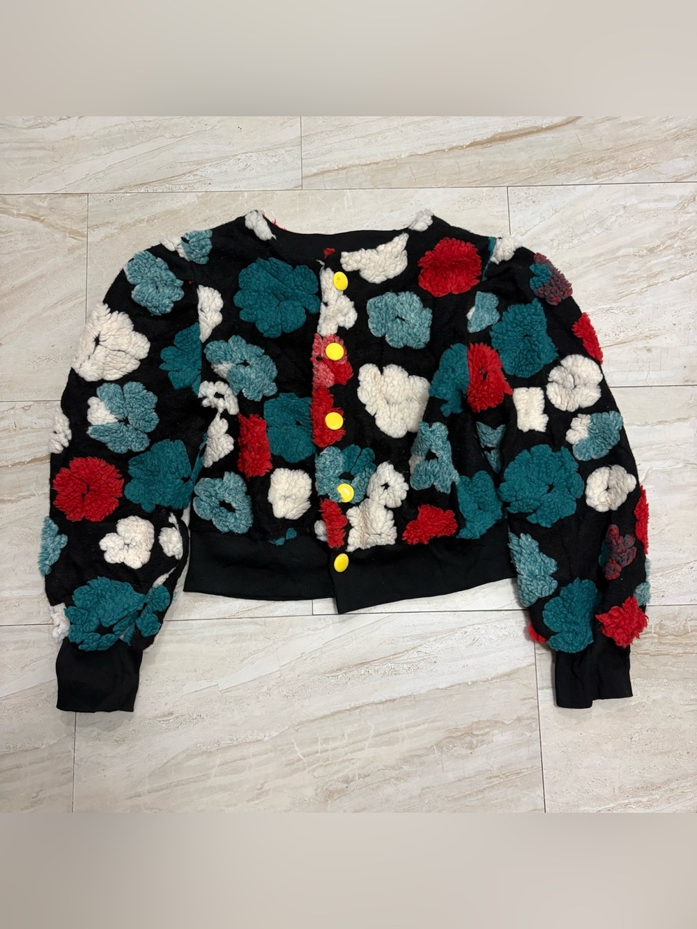 Womens Size XXL Black Fuzzy Floral Pattern Cardigan Sweater Yellow Buttons